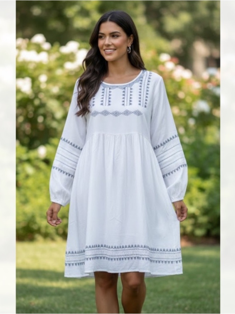 Grace + Karma White Long Sleeve Boho Babydoll with Black Embroidery